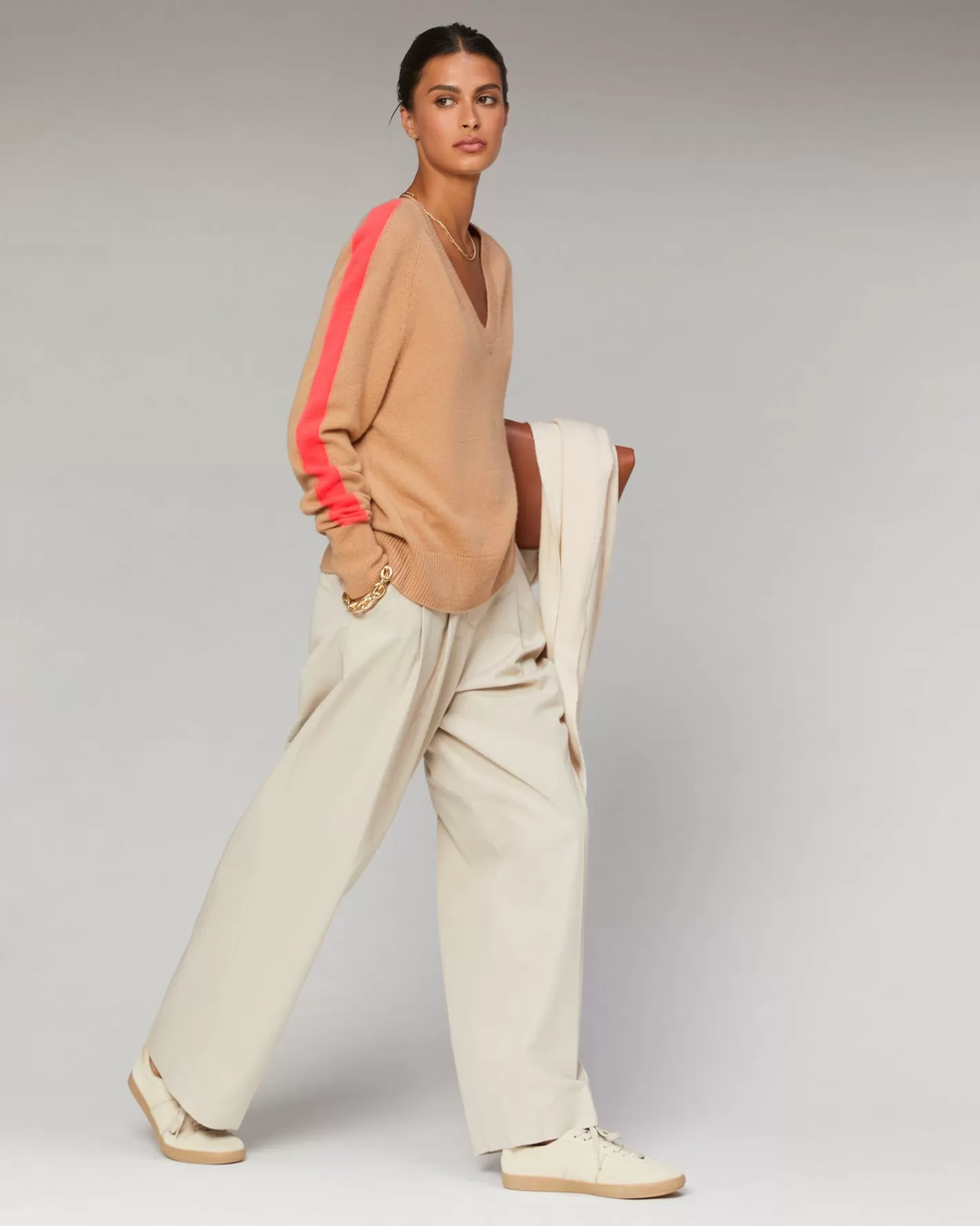 Pullover Scollo A V Oversize Bande Bicolori Leggero-FROM FUTURE New